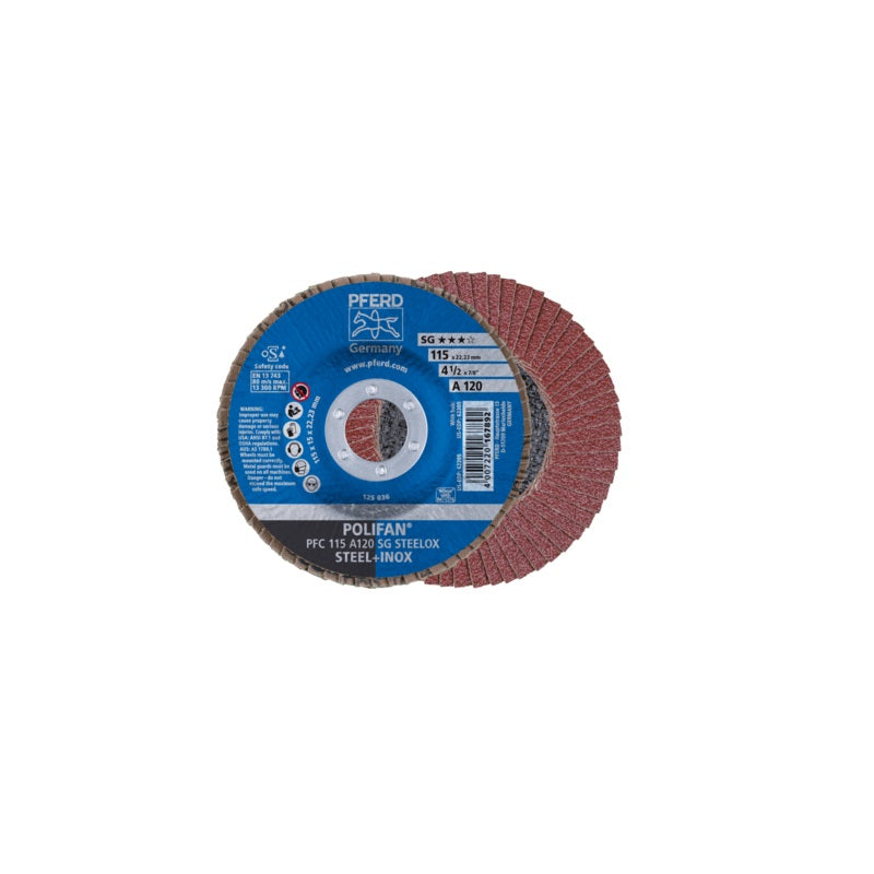 Disco Abrasivo de Láminas PFERD (Polifan) de 4-1/2” (115 mm) Grano 120 PSF STEELOX | Máquinas y Equipos Comerciales, S.A. 
