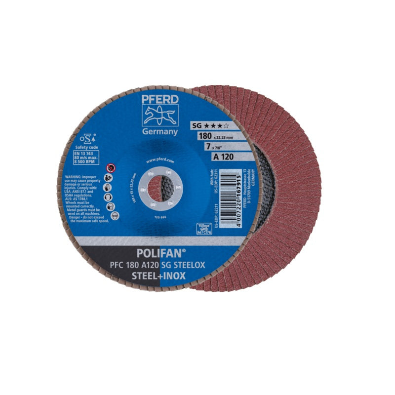 Disco Abrasivo de Láminas PFERD (Polifan) de 7” (180 mm) Grano 120 PSF STEELOX | Máquinas y Equipos Comerciales, S.A. 